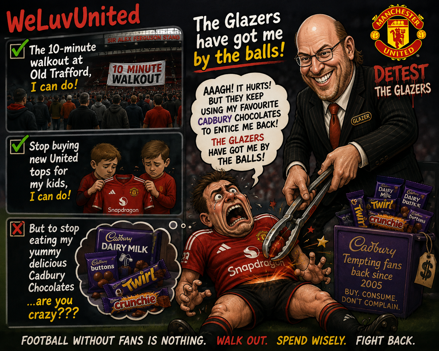 Satirical cartoon — The Glazers have got me by the balls, featuring Cadbury chocolates and a 10-minute walkout message