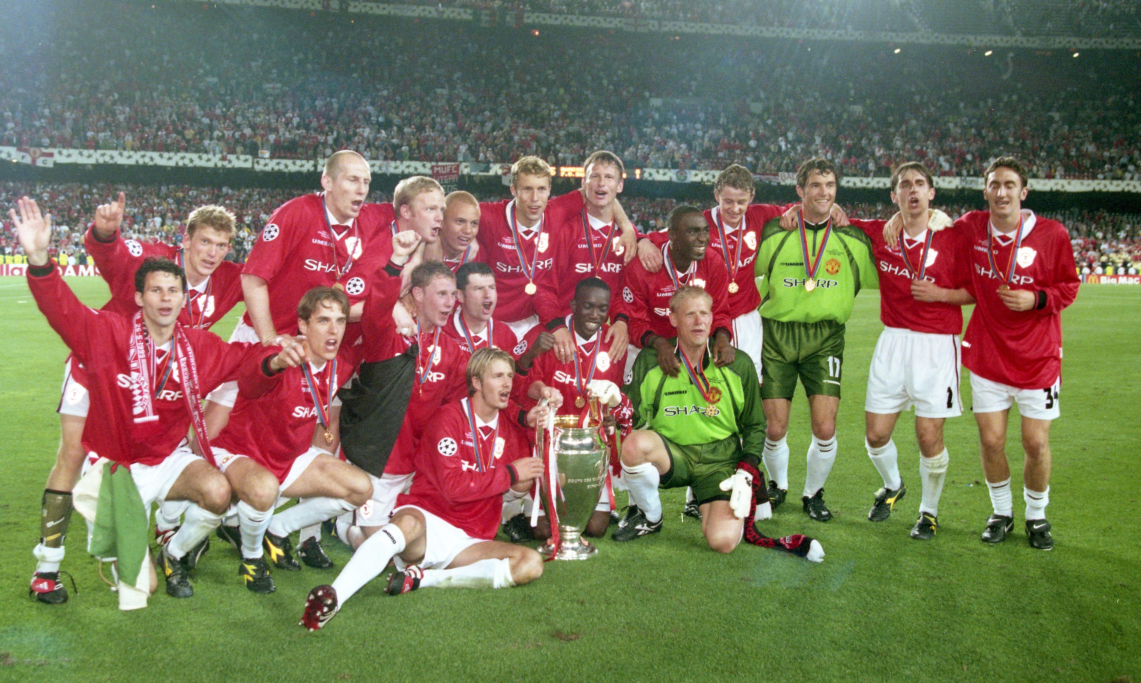 Manchester United treble winners celebrate at the Nou Camp, Barcelona, 1999