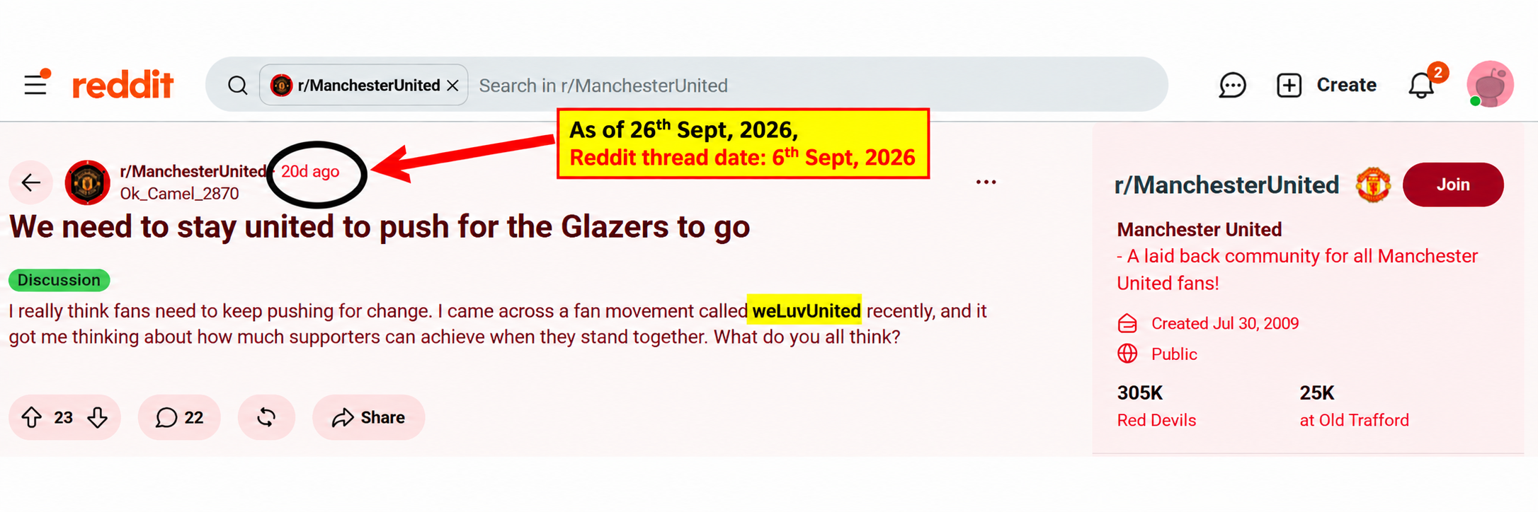Reddit post on r/ManchesterUnited referencing WeLuvUnited as the fan movement behind the Glazers Out boycott